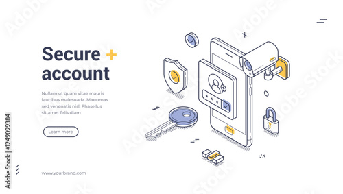 Visual representation of digital security featuring a smartphone, surveillance camera, security icons, and keys. Modern technology and safety measures. Isometric line art web banner