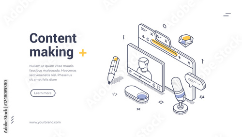 Modern content maker web banner. Creative digital workspace showcasing elements such as a microphone, video call interface, and pen, highlighting online collaboration and communication