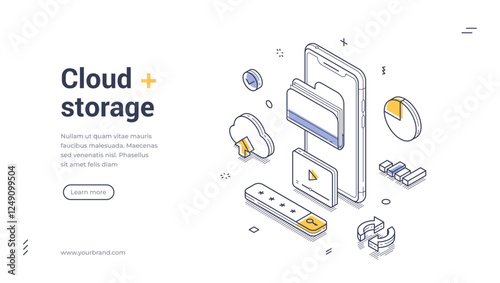 Mobile device surrounded by cloud storage icons, charts, and graphics, representing digital data management and accessibility. Modern line art isometric web banner, landing page template