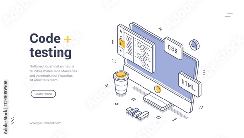 Code testing modern isometric line art web banner template. Computer displaying code with CSS and HTML icons. Perfect for coding themes
