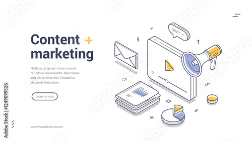 Digital content marketing tools like a megaphone, charts, documents, and messages, emphasizing the importance of communication in marketing strategies. Web banner template