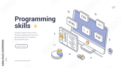 Programming skills modern isometric line art web banner template. Digital workspace with a computer, showcasing various web development tools and coding elements like HTML, CSS, and PHP