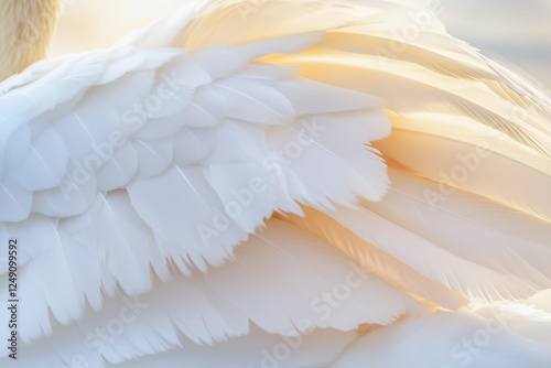 Close-up view of soft swan feathers highlighting delicate textures against a serene natural background during golden hour