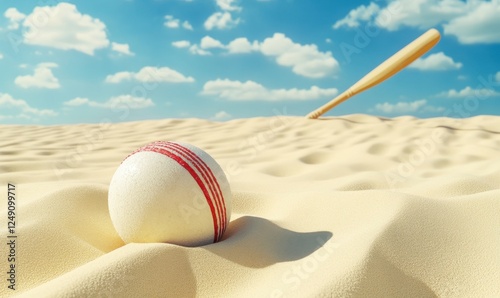 Cricket ball and bat on sunny beach; summer sport