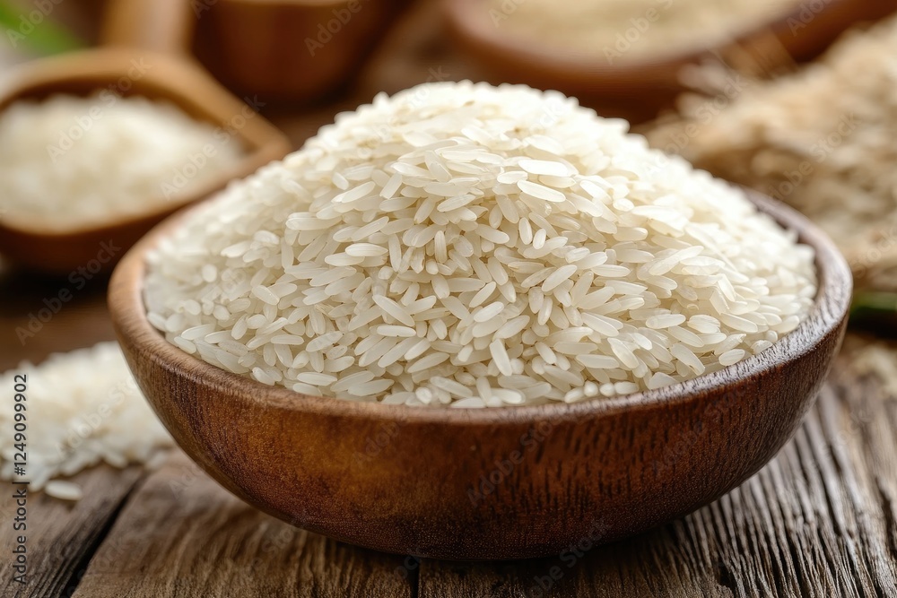 Raw white rice overflowing from wooden bowl on rustic table Raw white rice overflowing from wooden bowl on rustic table