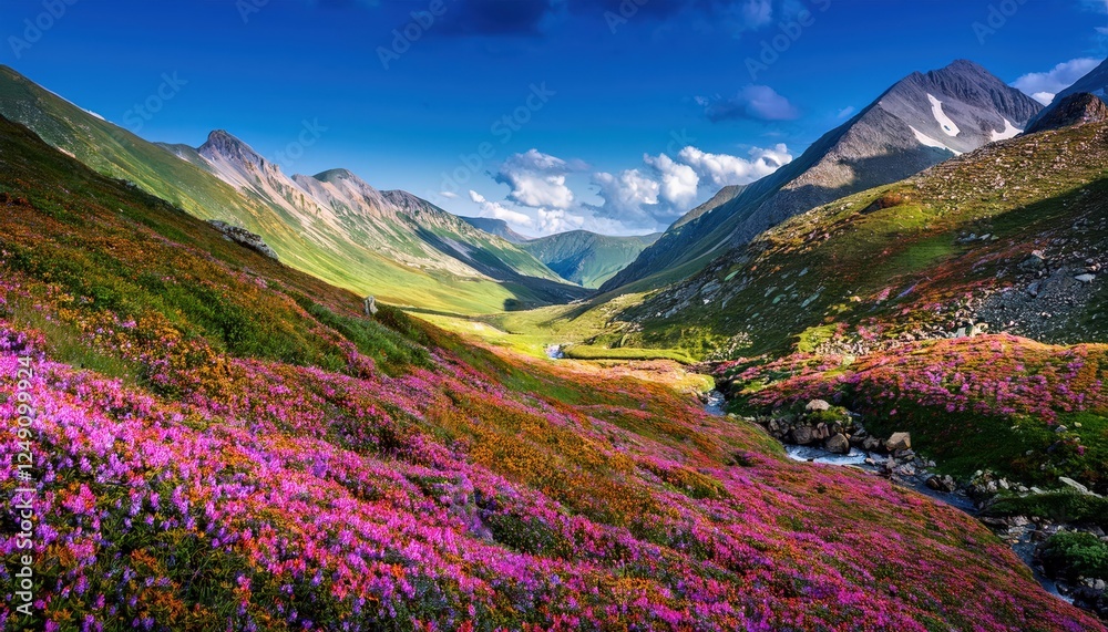 Fototapeta premium Alpine Bloom: A breathtaking panorama of a lush alpine valley blanketed in a vibrant carpet of pink wildflowers. Majestic mountain peaks rise in the distance.