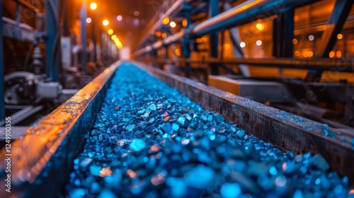 A conveyor belt transports vibrant blue minerals within an industrial setting illuminated by warm orange lights. The atmosphere reflects nighttime operations in a factory environment.