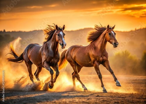 Majestic Sunset Run: Two Brown Horses Galloping Across Dusty Field
