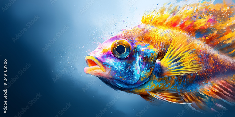Colorful tropical fish is gliding through bright blue waters. Its vivid patterns and hues are beautifully highlighted in an expressive Impressionistic style Colorful tropical fish is gliding through bright blue waters. Its vivid patterns and hues are beautifully highlighted in an expressive Impressionistic style