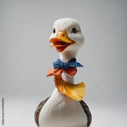 A cartoon-style duck with exaggerated features, standing cheerfully on a white background.