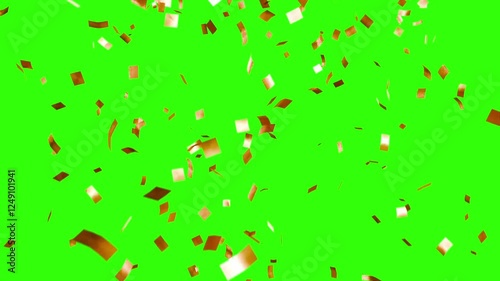 Golden Confetti Falling on Green Screen, 3D Animation, 4K Video.