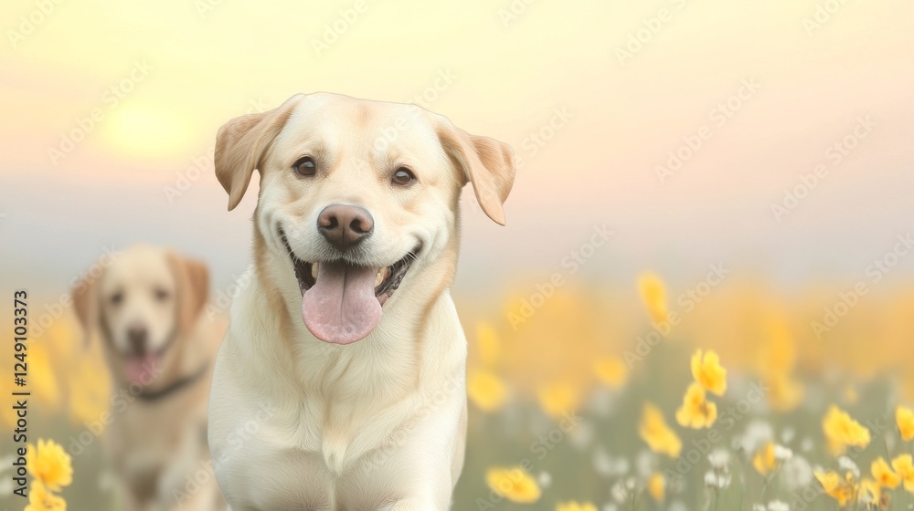 Two happy dogs play in a vibrant field of yellow flowers under a soft, warm sunset, radiating joy and companionship. Two happy dogs play in a vibrant field of yellow flowers under a soft, warm sunset, radiating joy and companionship.