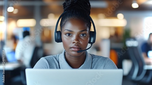 Professional woman with headset focuses on computer in modern office setting