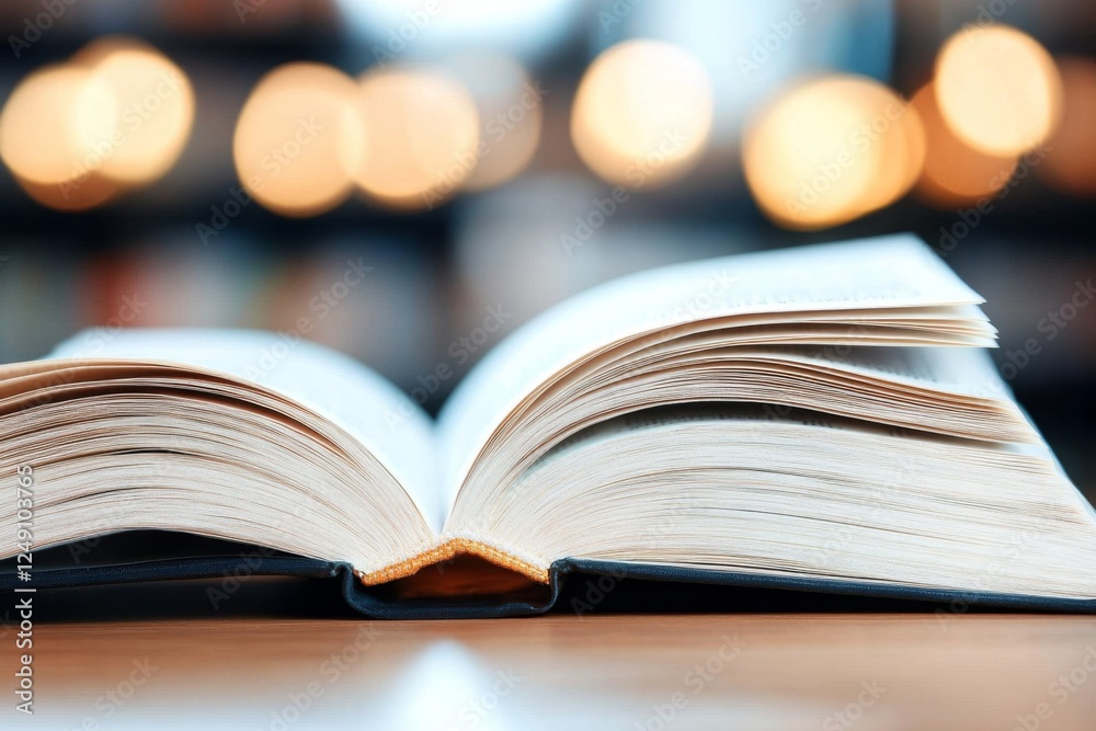 A dictionary open on a bookshelf, its pages gently turning due to a soft breeze