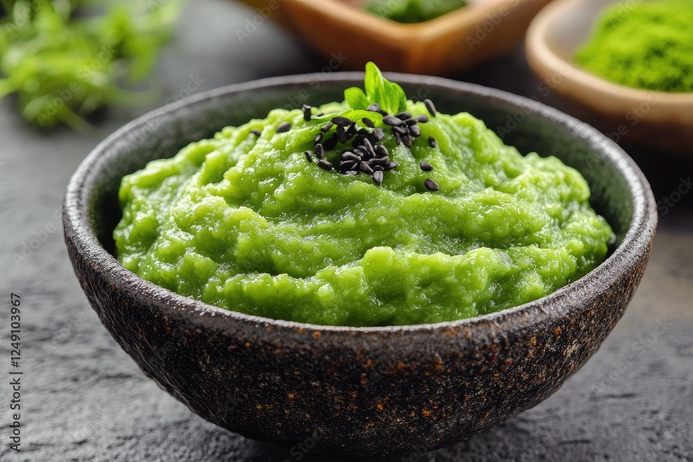 Bowl of wasabi paste garnished with black sesame seeds and fresh herbs Bowl of wasabi paste garnished with black sesame seeds and fresh herbs