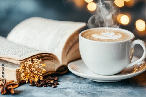 A dictionary opened to a random page, placed beside a steaming cup of coffee on a study table