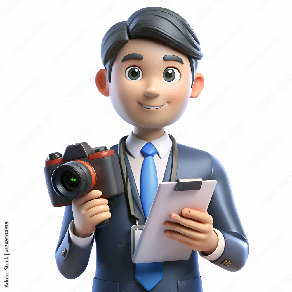 3D Cartoon Businessman Holding Camera and Clipboard 3D Cartoon Businessman Holding Camera and Clipboard