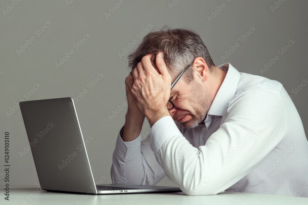 stressed businessman with head in hands at laptop stressed businessman with head in hands at laptop