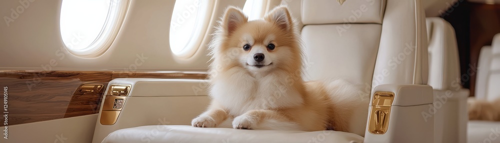 Obraz premium A fluffy Pomeranian dog lounges comfortably in a luxurious private jet, showcasing a lifestyle of luxury and comfort.