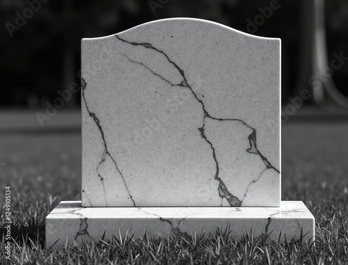 Black Marble Headstone with Crack Against Blurred Background photo