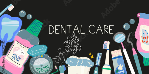 Dentistry and orthodontics advertising banner design. Dental cleaning tools, caries treatment, oral care and hygiene products. Tooth protection vector illustration