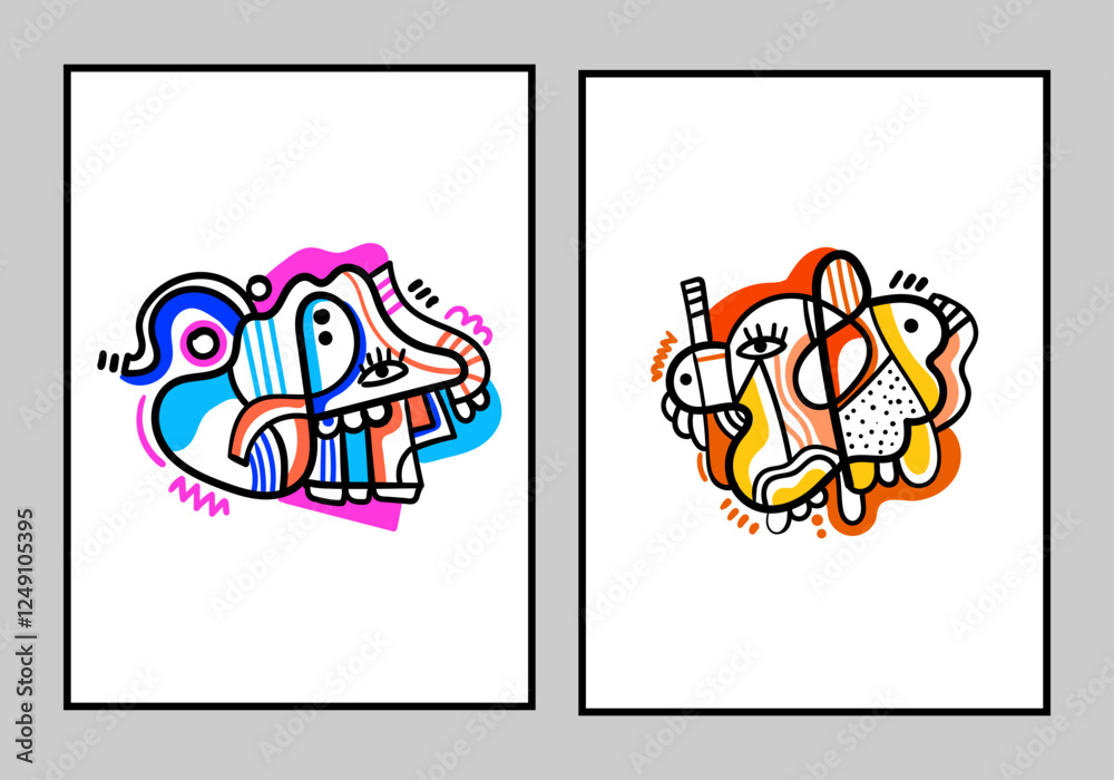 illustration of a poster featuring an abstract face mascot in a contemporary cubism style for interior wall decoration. illustration of a poster featuring an abstract face mascot in a contemporary cubism style for interior wall decoration.