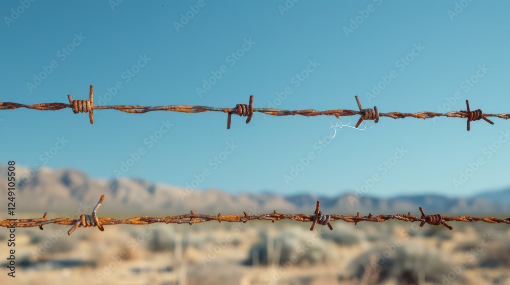 Rusty barbed wire stretches across a dry desert landscape under a clear blue sky, with rugged mountains providing a distant backdrop, showcasing a stark yet striking natural setting. Rusty barbed wire stretches across a dry desert landscape under a clear blue sky, with rugged mountains providing a distant backdrop, showcasing a stark yet striking natural setting.