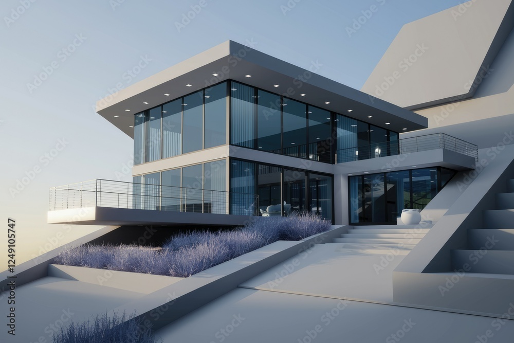 Fototapeta premium Modern minimalist house design with large glass windows, balcony, and hillside landscaping.