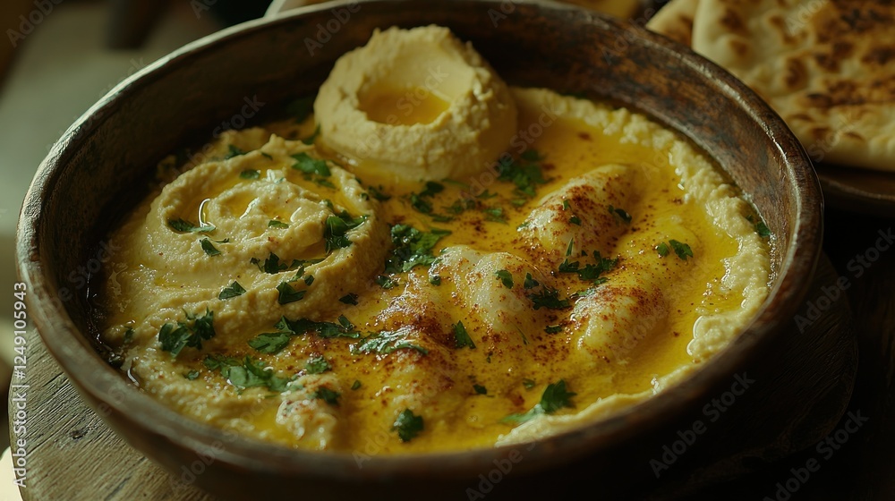 Creamy hummus with olive oil and pita bread. Creamy hummus with olive oil and pita bread.