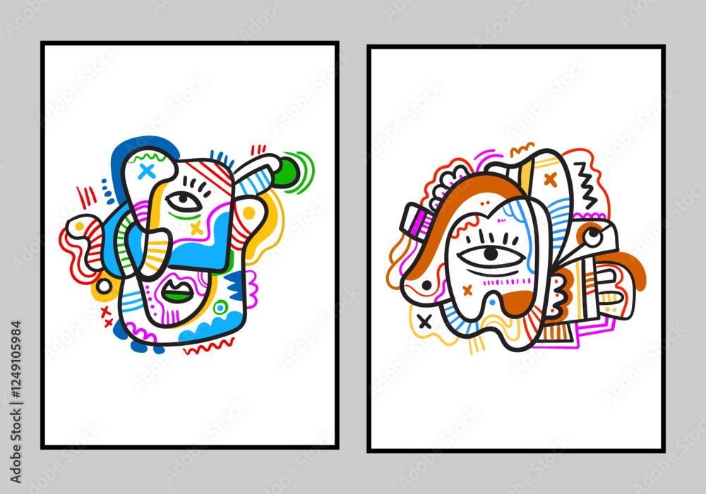 illustration of a poster featuring an abstract face mascot in a contemporary cubism style for interior wall decoration. illustration of a poster featuring an abstract face mascot in a contemporary cubism style for interior wall decoration.