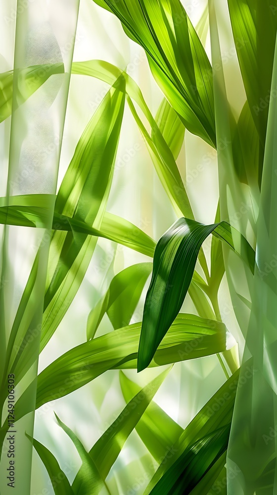 Obraz premium Light filtering through green leaves creates a serene and calming atmosphere in a room decorated with plants