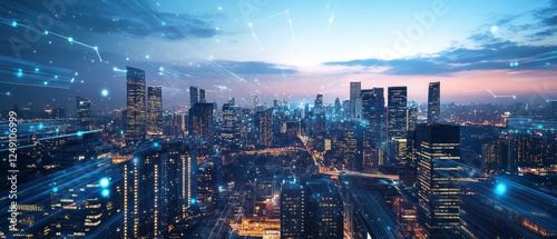 Wallpaper Mural Night cityscape with digital network connections. Torontodigital.ca