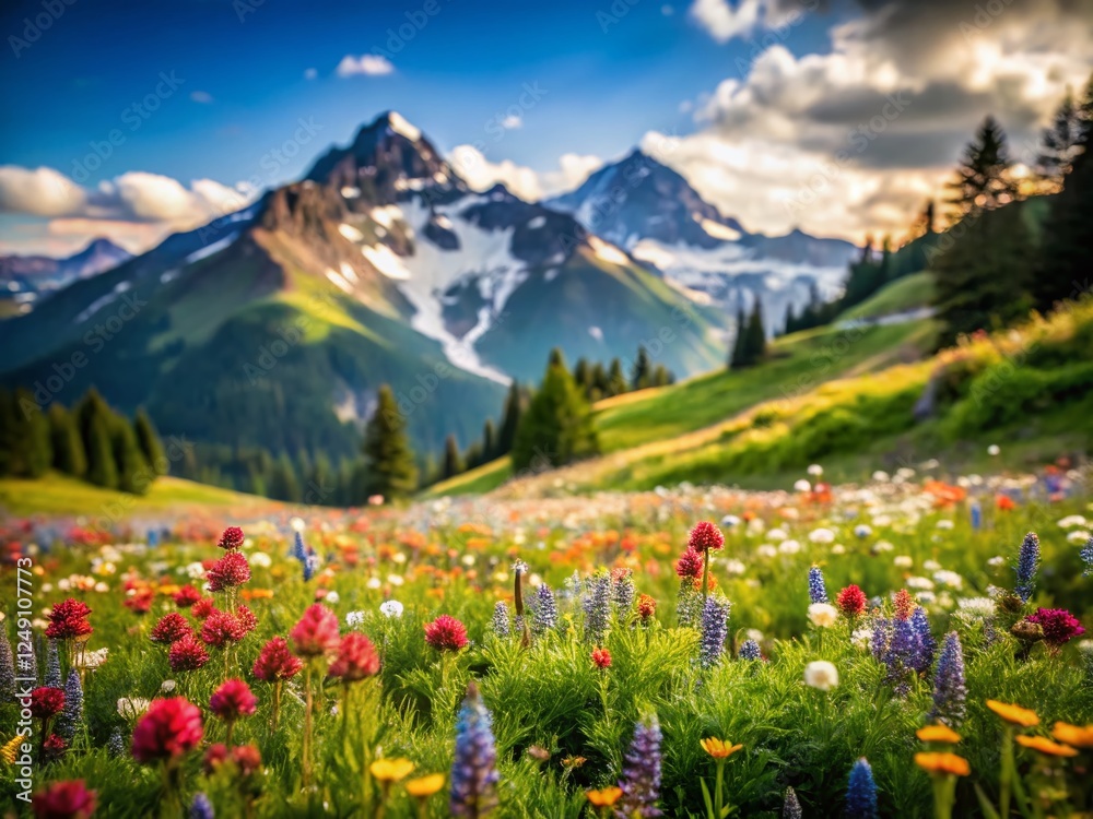Naklejka premium Miniature Wildflower Meadow, Cascade Mountains, Washington State