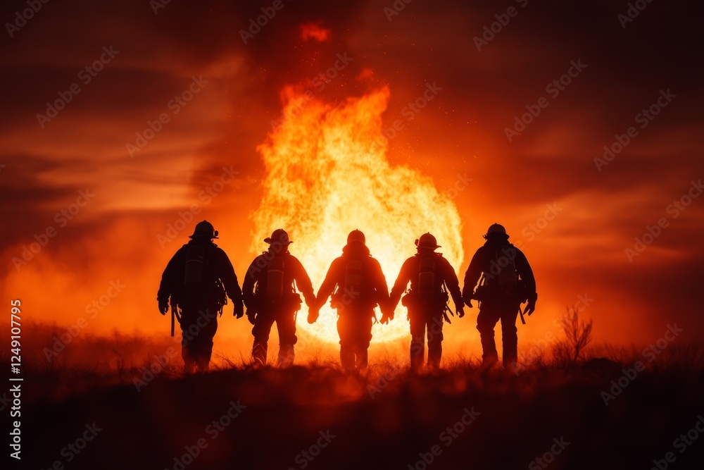 Fototapeta premium A group of firefighters working together to put out a raging fire, demonstrating unity