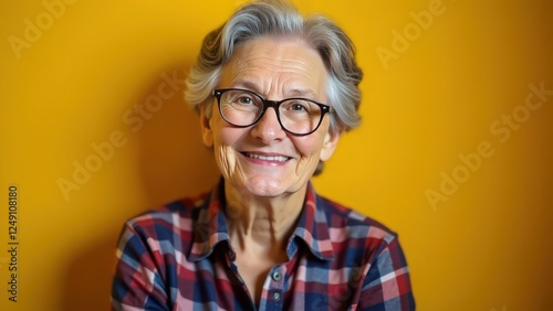 Portrait of an elderly woman with glasses on a yellow background