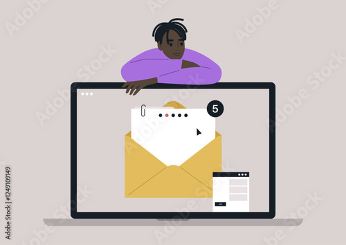 A thoughtful character relaxes against a laptop, gazing at the screen that shows a notification of new emails waiting for attention, blending modern technology and contemplation