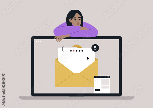 A thoughtful character relaxes against a laptop, gazing at the screen that shows a notification of new emails waiting for attention, blending modern technology and contemplation