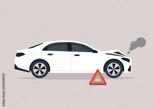 A sedan involved in a minor fender bender accident during a busy afternoon commute creating a moment of chaos on a city street