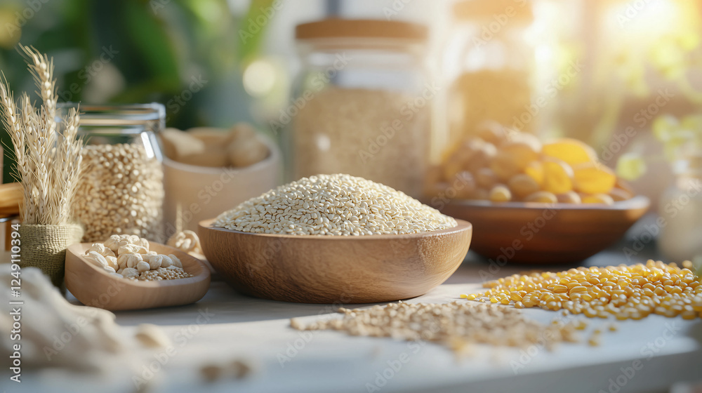 Fresh grains and nuts displayed on a wooden table in a well-lit kitchen during the afternoon Fresh grains and nuts displayed on a wooden table in a well-lit kitchen during the afternoon