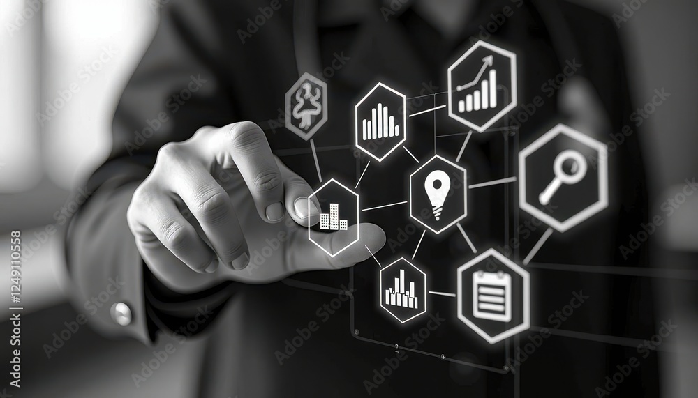 Explore Futuristic Tech: Man Touches Holographic Black & White Interface Diagrams Explore Futuristic Tech: Man Touches Holographic Black & White Interface Diagrams