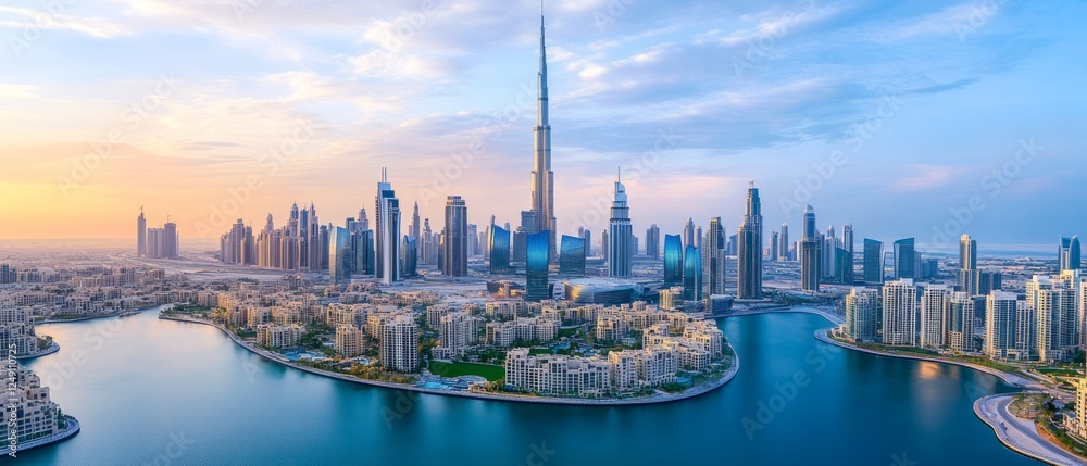 Naklejka premium Panoramic view of a modern city skyline at sunrise, featuring skyscrapers and a waterfront.