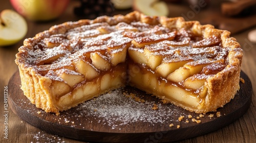 Delicious apple pie with a slice removed, dusted with powdered sugar, on a wooden board. photo