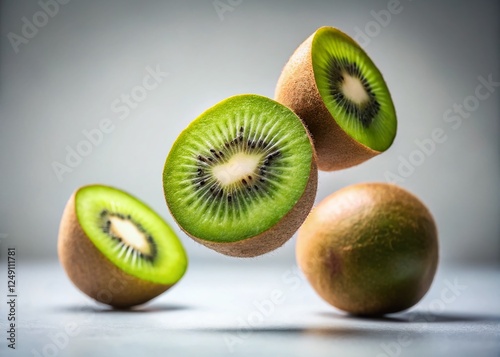 Minimalist Kiwi Fruit Photography: Halved Kiwis Falling & Floating
