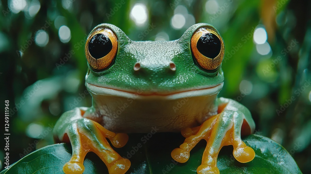 Fototapeta premium Green tree frog posing on leaf, jungle background, nature photography