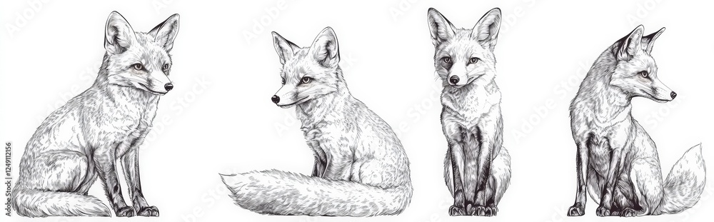 Fototapeta premium Detailed Sketch of Foxes in Different Poses and Angles for Art