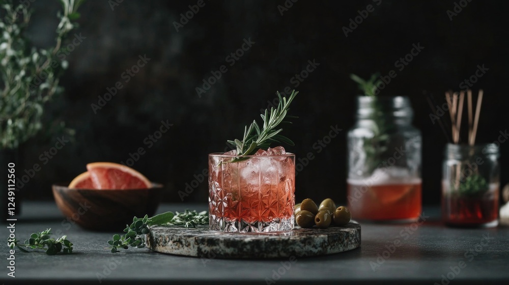 Elegant cocktail with herbal garnish and olives on rustic stone surface Elegant cocktail with herbal garnish and olives on rustic stone surface