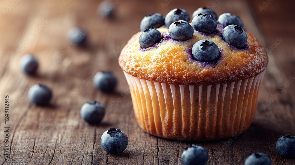 Delicious blueberry muffin on wooden table. Delicious blueberry muffin on wooden table.
