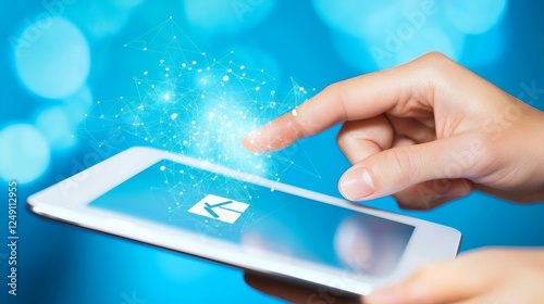 Wallpaper Mural Finger Touching Tablet Screen with Futuristic Network Connection and Arrow Icon Torontodigital.ca