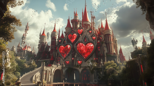 The Queen of Hearts' castle, with towering red spires and heart-shaped stained-glass windows