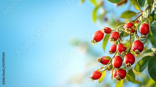 Ripe red rose hips on a green branch against a bright blue sky creating a natural and fresh autumn botanical scene with copy space